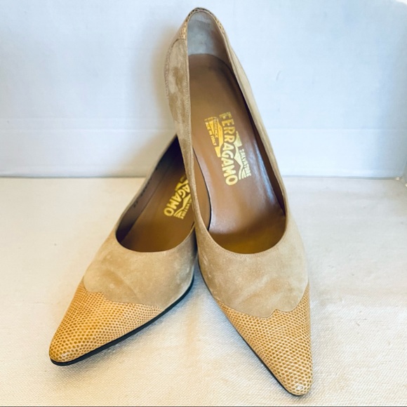 Salvatore Ferragamo Shoes - Salvatore Ferragamo Suede/Snake Embossed Leathr Pointed Cap Toe Heels/Shoes 9.5B